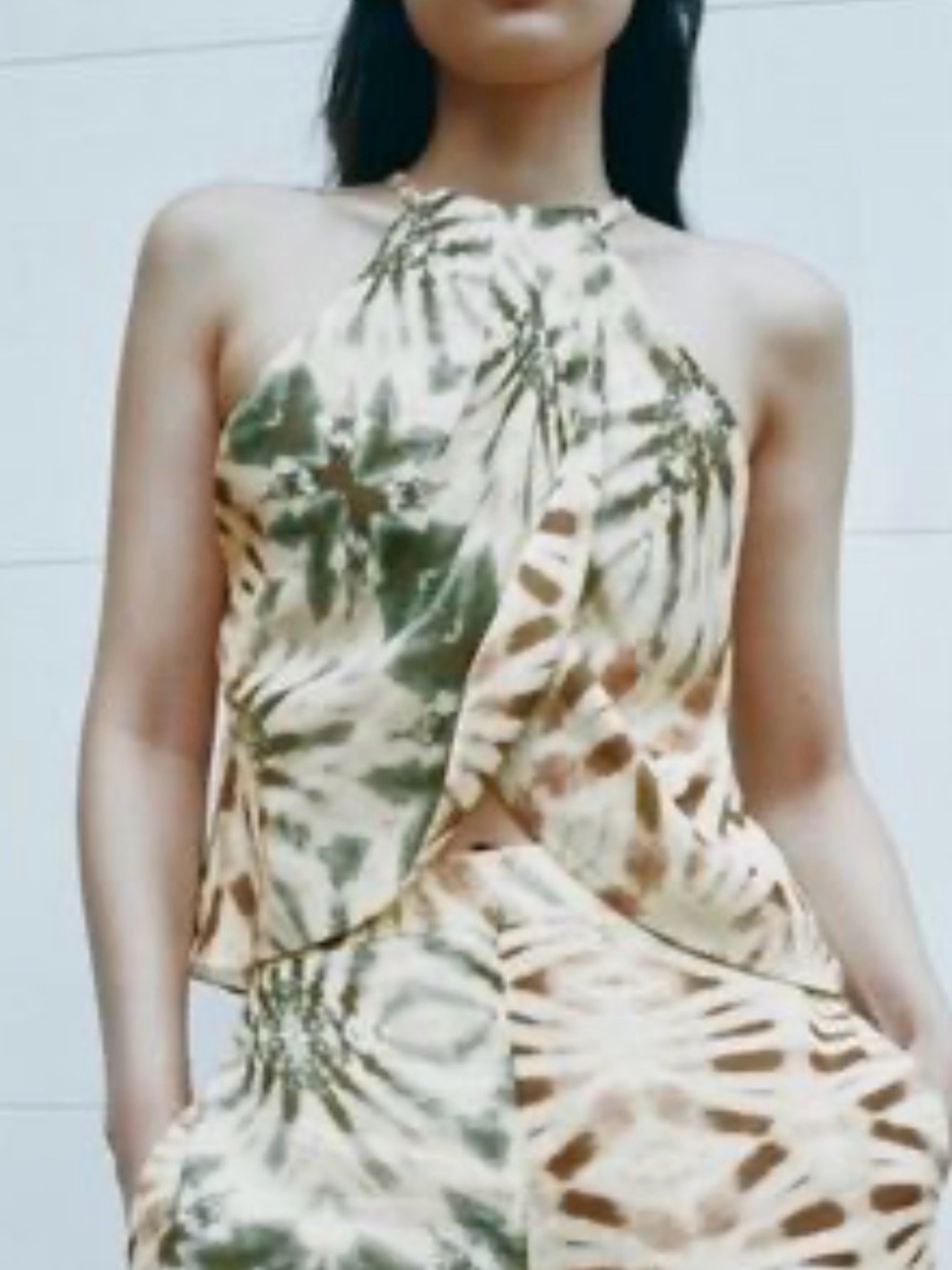 Zara Top Printed Halterneck Tie Linen Ramie Blouse Front Cross Boho Sz XS